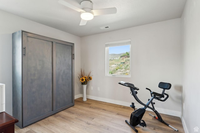 4852 N Arctic Fox Cir W Unit 2800, Lehi, UT 84043 - workout room with baseboards, a ceiling fan, light wood finished floors, and visible vents