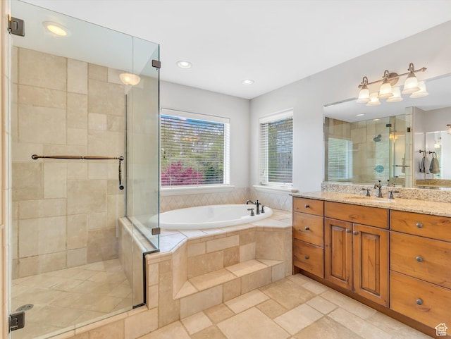 14099 S Pine Mesa Dr, Draper, UT 84020 - bathroom with vanity, a shower stall, recessed lighting, and a bath