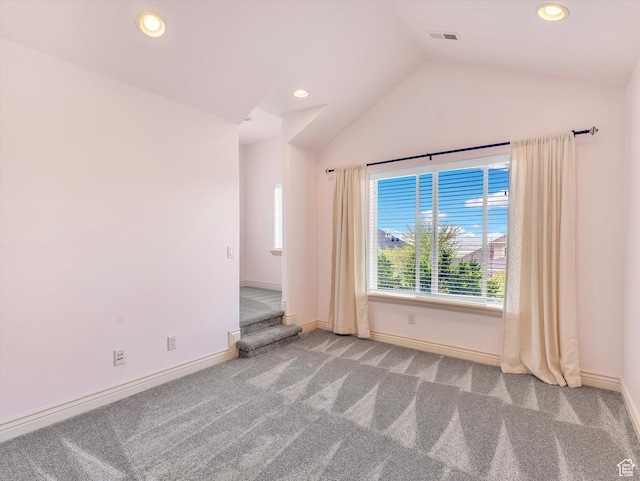 14099 S Pine Mesa Dr, Draper, UT 84020 - carpeted empty room with recessed lighting, baseboards, visible vents, and lofted ceiling
