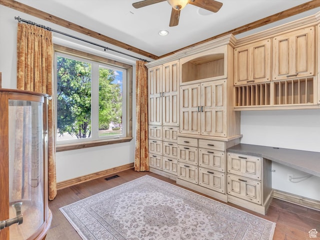 14099 S Pine Mesa Dr, Draper, UT 84020 - unfurnished office with wood finished floors, baseboards, ceiling fan, recessed lighting, and built in desk