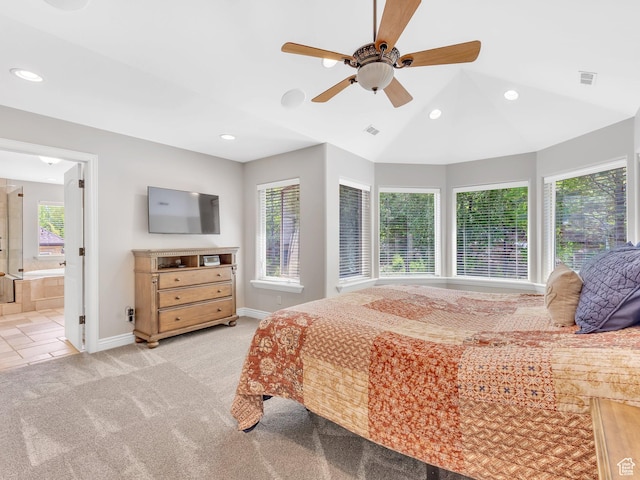14099 S Pine Mesa Dr, Draper, UT 84020 - bedroom with light carpet, recessed lighting, baseboards, ensuite bath, and lofted ceiling