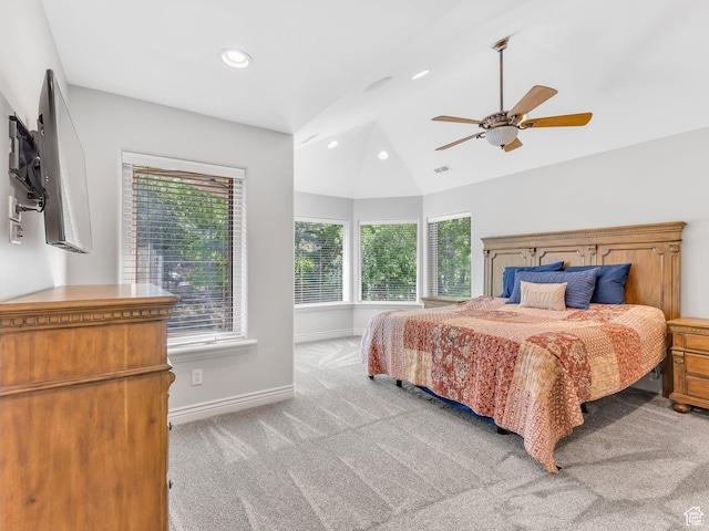 14099 S Pine Mesa Dr, Draper, UT 84020 - bedroom featuring light colored carpet, vaulted ceiling, multiple windows, baseboards, and recessed lighting