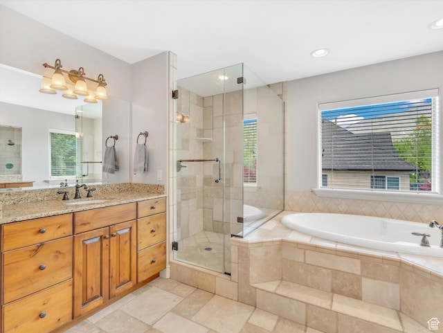 14099 S Pine Mesa Dr, Draper, UT 84020 - full bath featuring a garden tub, recessed lighting, a stall shower, and vanity