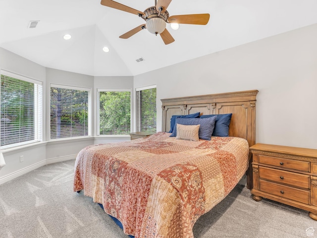 14099 S Pine Mesa Dr, Draper, UT 84020 - bedroom with light colored carpet, multiple windows, baseboards, lofted ceiling, and a ceiling fan