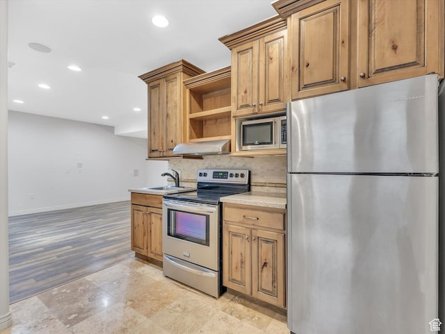 14099 S Pine Mesa Dr, Draper, UT 84020 - kitchen featuring exhaust hood, backsplash, appliances with stainless steel finishes, open shelves, and a sink