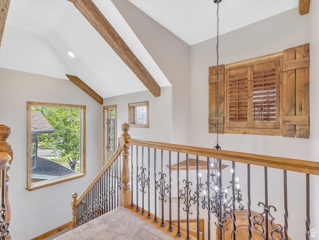 14099 S Pine Mesa Dr, Draper, UT 84020 - hallway with recessed lighting, baseboards, lofted ceiling with beams, and an inviting chandelier