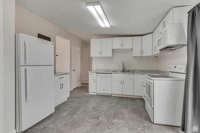 8729 S 3720 W, West Jordan, UT 84088 - kitchen with light stone counters, a sink, white cabinetry, and white appliances