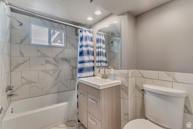8729 S 3720 W, West Jordan, UT 84088 - full bathroom featuring vanity, toilet, tile walls, shower / bathtub combination with curtain, and recessed lighting