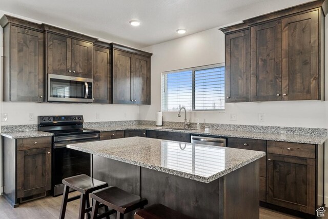 2242 S Beachcomber Ln, Garden City, UT 84028 - kitchen featuring a sink, stainless steel appliances, light wood-style flooring, and dark brown cabinets