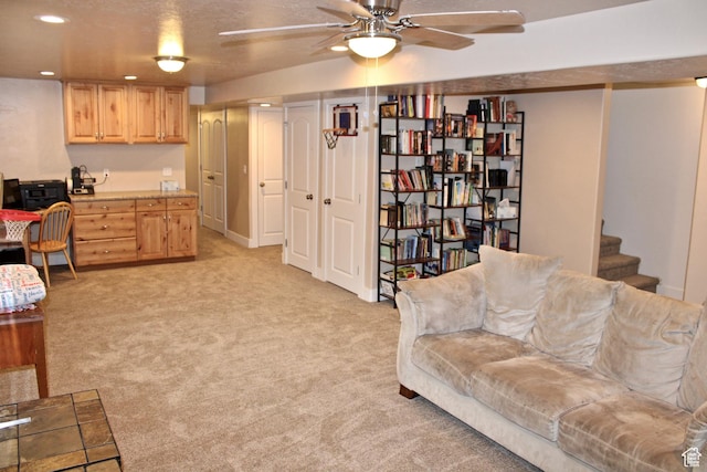 512 Stone Way, Santaquin, UT 84655 - living room featuring stairs, a ceiling fan, light colored carpet, and recessed lighting