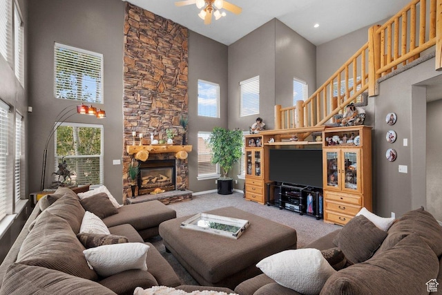 288 S Hillside Dr E, Elk Ridge, UT 84651 - living room with carpet flooring, a towering ceiling, a wealth of natural light, and ceiling fan