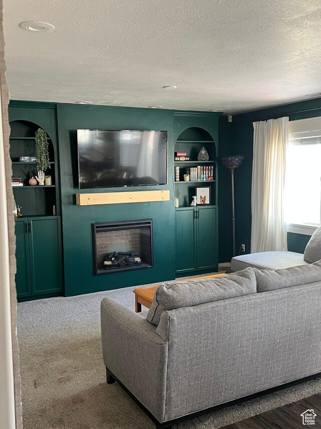 1013 N 740 W, Centerville, UT 84014 - living room featuring a textured ceiling, built in shelves, and a fireplace