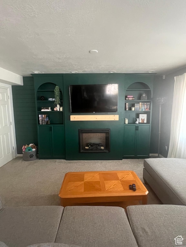 1013 N 740 W, Centerville, UT 84014 - living room featuring carpet floors, a textured ceiling, built in features, and a fireplace
