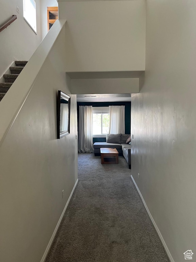 1013 N 740 W, Centerville, UT 84014 - hallway with carpet flooring, baseboards, stairway, and a towering ceiling