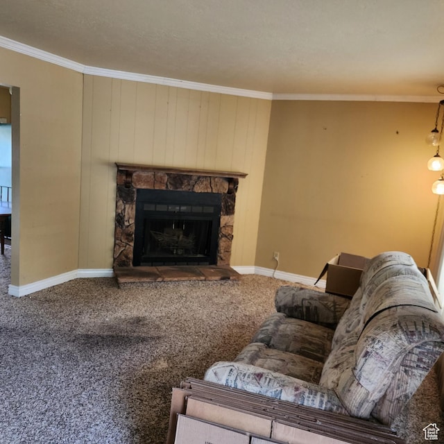 365 E Main St, Grantsville, UT 84029 - carpeted living area with crown molding, baseboards, and a stone fireplace