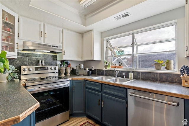 kitchen featuring appliances with stainless steel finishes, a sink, blue cabinetry, under cabinet range hood, and visible vents