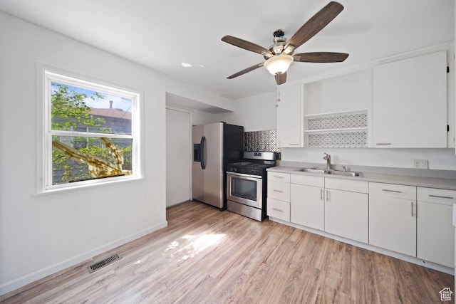 5390 S 4460 W, Kearns, UT 84118 - kitchen featuring ceiling fan, visible vents, appliances with stainless steel finishes, open shelves, and a sink