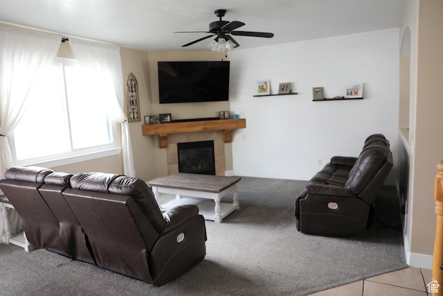 7044 W 8050 S, West Jordan, UT 84081 - living area with carpet flooring, a ceiling fan, and a fireplace