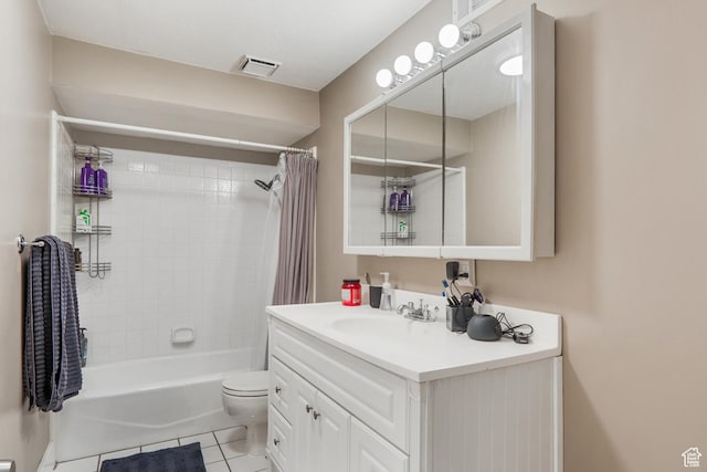 6888 S Hillside Village Cir, Salt Lake City, UT 84121 - bathroom with visible vents, tile patterned floors, vanity, toilet, and shower / bathtub combination with curtain