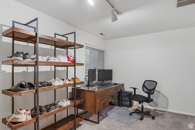 6888 S Hillside Village Cir, Salt Lake City, UT 84121 - office featuring track lighting, carpet floors, baseboards, and visible vents