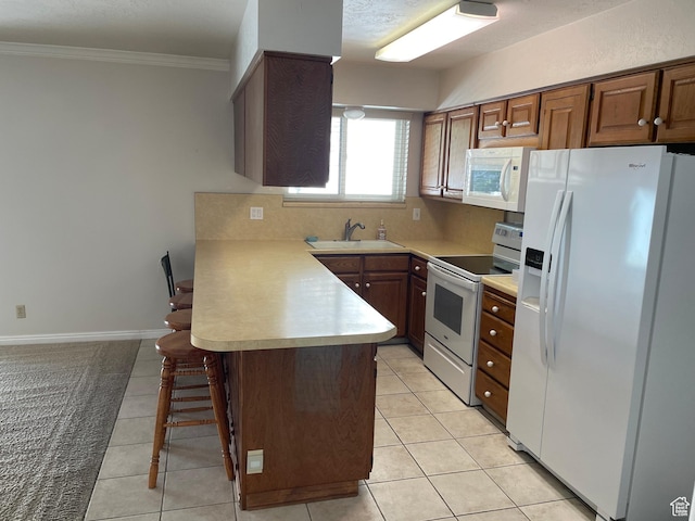 1846 E 9800 S, Sandy, UT 84092 - kitchen featuring a sink, white appliances, light countertops, a peninsula, and ornamental molding