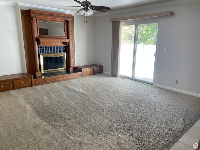 1846 E 9800 S, Sandy, UT 84092 - unfurnished living room featuring crown molding, baseboards, a fireplace, and a ceiling fan