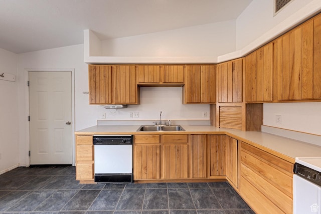 3971 S Spanish Valley Dr, Moab, UT 84532 - kitchen featuring visible vents, white dishwasher, light countertops, a sink, and vaulted ceiling