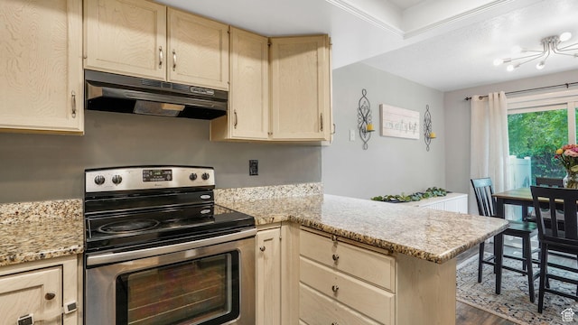 875 E 1150 S Unit 21, Ogden, UT 84404 - kitchen with dark wood-style flooring, light brown cabinetry, a peninsula, electric stove, and under cabinet range hood