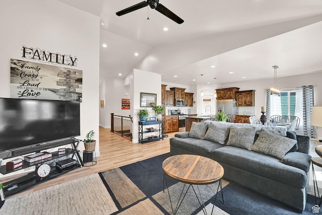 2515 W 3375 S, West Haven, UT 84401 - living room with recessed lighting, a ceiling fan, light wood finished floors, and vaulted ceiling