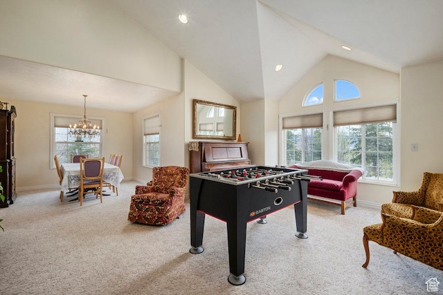 4851 E Lake Creek Rd, Heber City, UT 84032 - rec room featuring carpet floors, baseboards, an inviting chandelier, and a healthy amount of sunlight