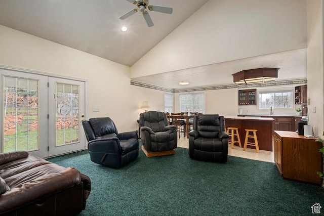 4851 E Lake Creek Rd, Heber City, UT 84032 - living area with a ceiling fan, high vaulted ceiling, recessed lighting, and dark colored carpet