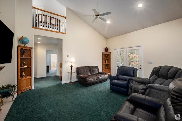 4851 E Lake Creek Rd, Heber City, UT 84032 - carpeted living room with baseboards, recessed lighting, ceiling fan, and high vaulted ceiling