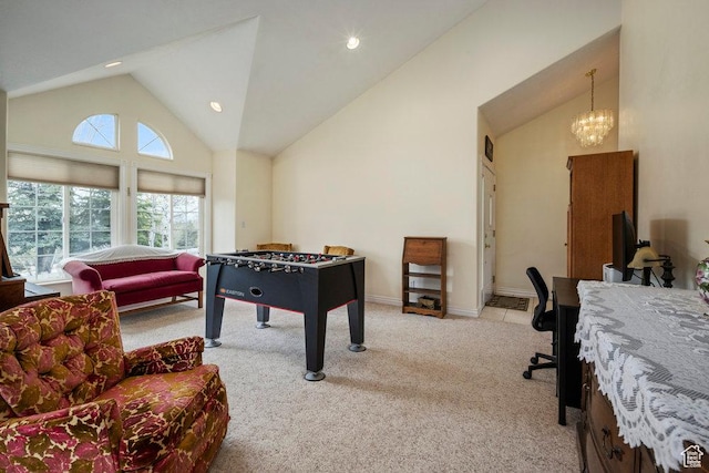 4851 E Lake Creek Rd, Heber City, UT 84032 - recreation room with baseboards, high vaulted ceiling, recessed lighting, a chandelier, and carpet