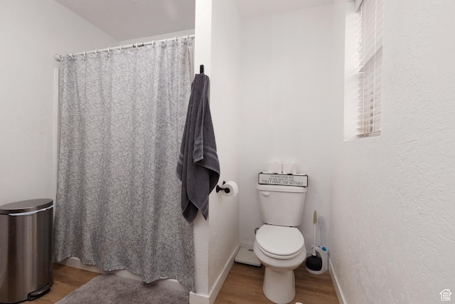 463 E Main St, Salina, UT 84654 - full bathroom with toilet, baseboards, curtained shower, and wood finished floors