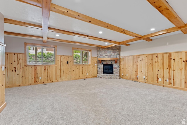 359 E 680 N, Lindon, UT 84042 - unfurnished living room with a wainscoted wall, wood walls, beamed ceiling, recessed lighting, and carpet