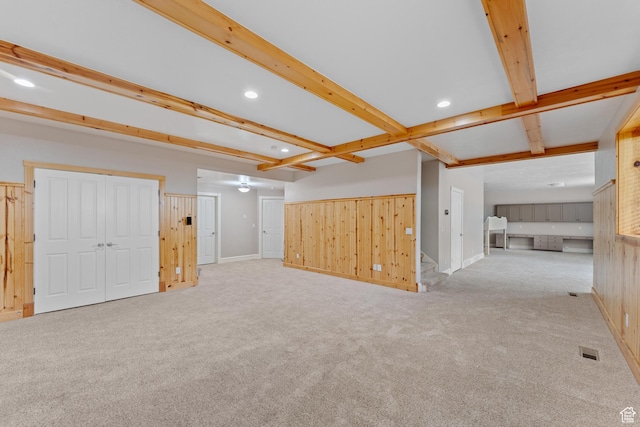 359 E 680 N, Lindon, UT 84042 - carpeted spare room with baseboards, beamed ceiling, recessed lighting, and stairway