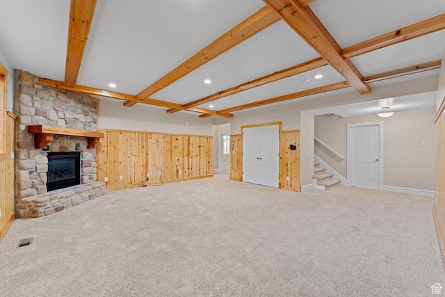 359 E 680 N, Lindon, UT 84042 - unfurnished living room featuring beam ceiling, recessed lighting, stairway, a fireplace, and baseboards