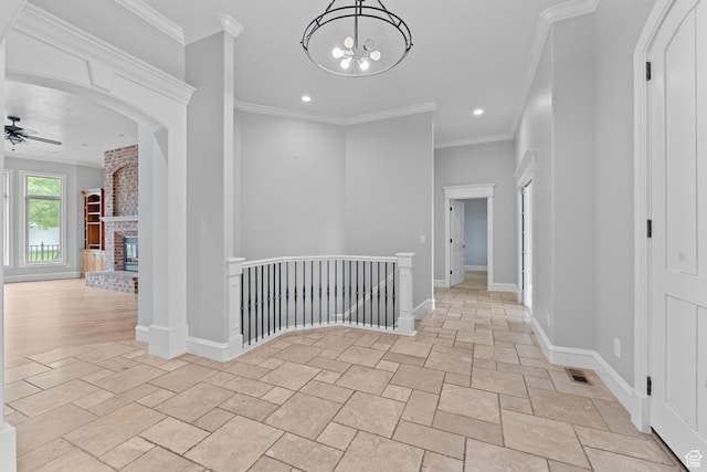 359 E 680 N, Lindon, UT 84042 - corridor with an upstairs landing, stone tile floors, recessed lighting, baseboards, and crown molding