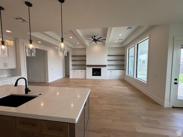 5269 W 2040 S, Hurricane, UT 84737 - kitchen featuring visible vents, a sink, baseboards, a tray ceiling, and light wood-style flooring