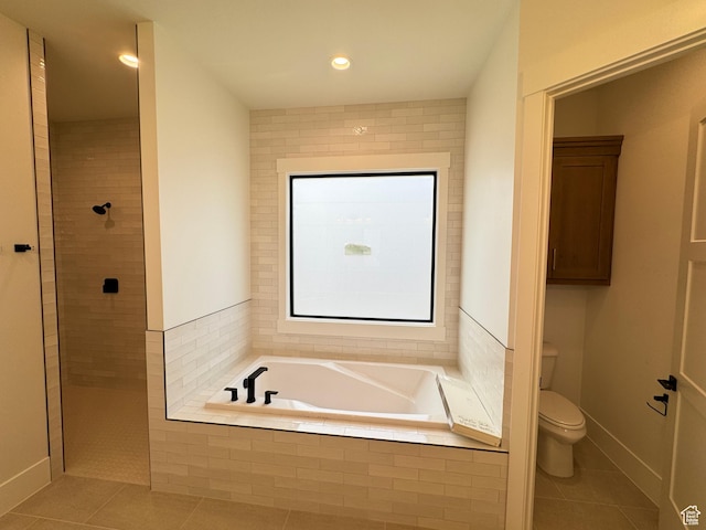 5269 W 2040 S, Hurricane, UT 84737 - bathroom featuring a tile shower, tile patterned flooring, toilet, recessed lighting, and a garden tub