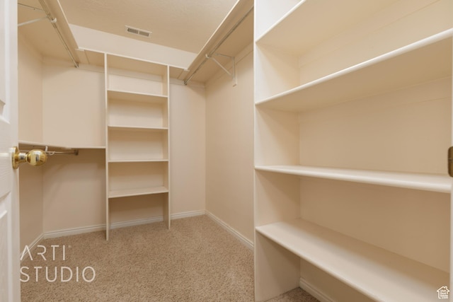 spacious closet featuring carpet flooring and visible vents