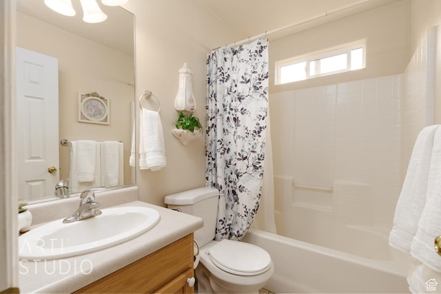 bathroom featuring vanity, shower / bathtub combination with curtain, and toilet