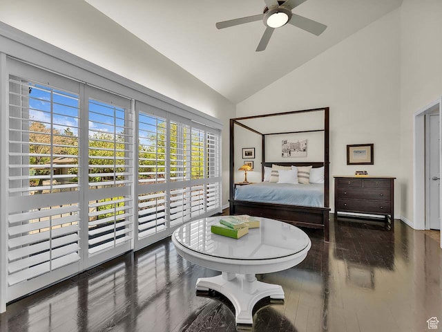 799 Northpoint Ct, Salt Lake City, UT 84103 - bedroom featuring high vaulted ceiling, wood finished floors, a ceiling fan, and access to outside