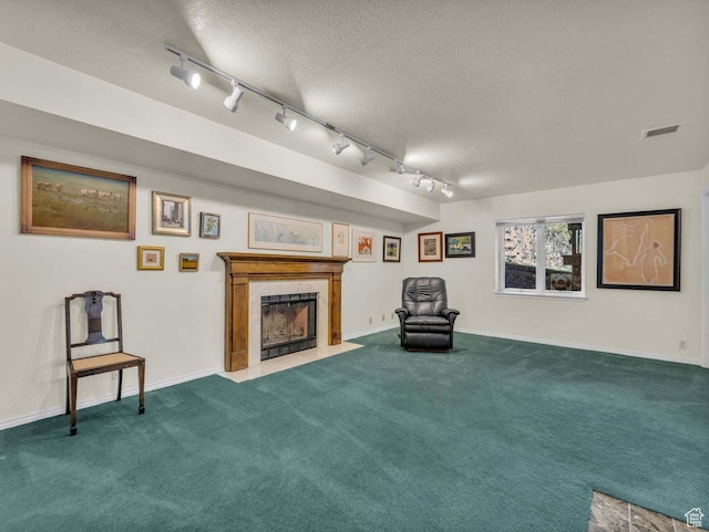 799 Northpoint Ct, Salt Lake City, UT 84103 - sitting room with rail lighting, a textured ceiling, carpet floors, and a fireplace