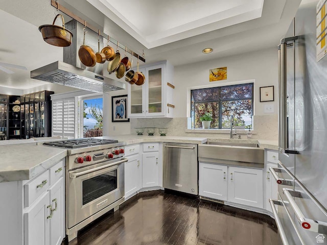 799 Northpoint Ct, Salt Lake City, UT 84103 - kitchen featuring appliances with stainless steel finishes, ventilation hood, white cabinets, dark wood-style flooring, and recessed lighting