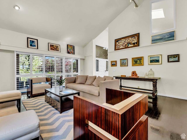 799 Northpoint Ct, Salt Lake City, UT 84103 - living area featuring high vaulted ceiling, wood finished floors, and rail lighting