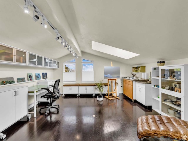 799 Northpoint Ct, Salt Lake City, UT 84103 - office space with vaulted ceiling, a skylight, track lighting, and dark wood-style flooring