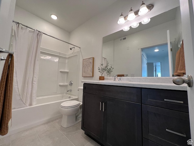 bathroom with tile patterned flooring, visible vents, vanity, toilet, and shower / bath combo
