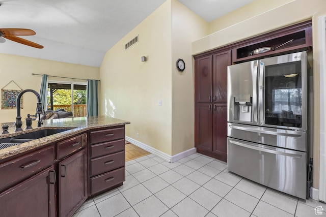 849 E Forest Farm Cir S, Salt Lake City, UT 84106 - kitchen with a sink, a ceiling fan, vaulted ceiling, stainless steel refrigerator with ice dispenser, and visible vents