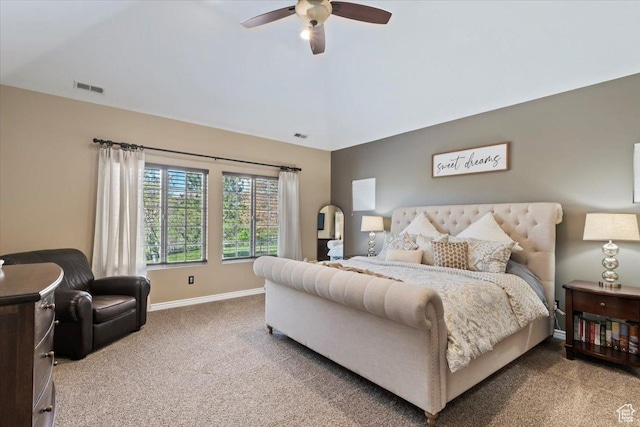 2077 E Genova Dr S, Draper, UT 84020 - carpeted bedroom featuring visible vents, a ceiling fan, baseboards, and lofted ceiling